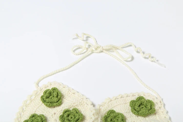 Sexy Crochet Applique 2 Piece Set Women Hollow See Through Halter Bra+Peach Hip Skirts Beach Vacation Matching Clubwear