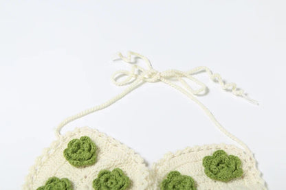 Sexy Crochet Applique 2 Piece Set Women Hollow See Through Halter Bra+Peach Hip Skirts Beach Vacation Matching Clubwear