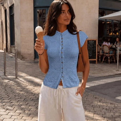 Women's Knitted T-Shirt Fashion Hollow Knitted Button Patchwork Bodycon Top New Casual Commuting Knit Women's Clothing