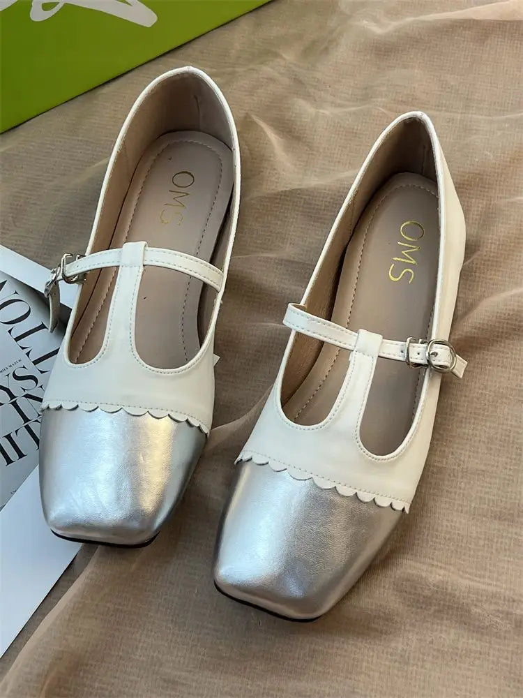 T-strap Mary Janes Shoes for Women Pu Leather Ptachwork Elegant Flats Shoes Spring Autumn Square Toe Loafers Female Shoes