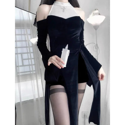 Y2k Gothic Black White Patchwork Dresses Subcultural Slim Waist Dark Dress for Women+ High Waist Shorts Two Piece Sets