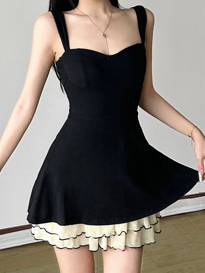 Elegant Fairycore Grunge Dress Women Hotsweet Pastel Goth Aesthetic Spaghetti Strap High Waist Patchwork A-line Dress