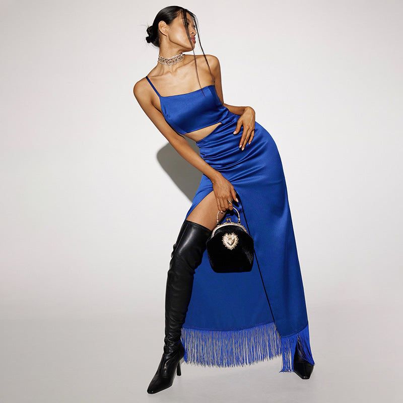 Square Neck Spaghetti Strap Satin Fringe Hem High Slit Maxi Skirt Set