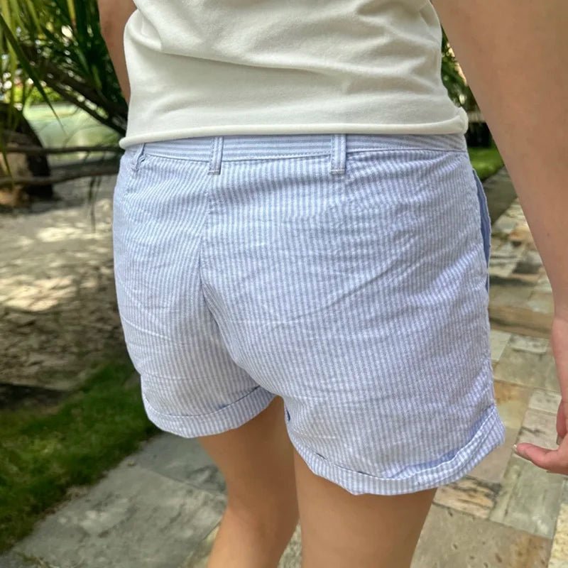 Roll-up Hem Striped Shorts Casual Basic Button-up High Waist Hot Pants Chic Elegant Slim-fitting Short Pants Streetwear