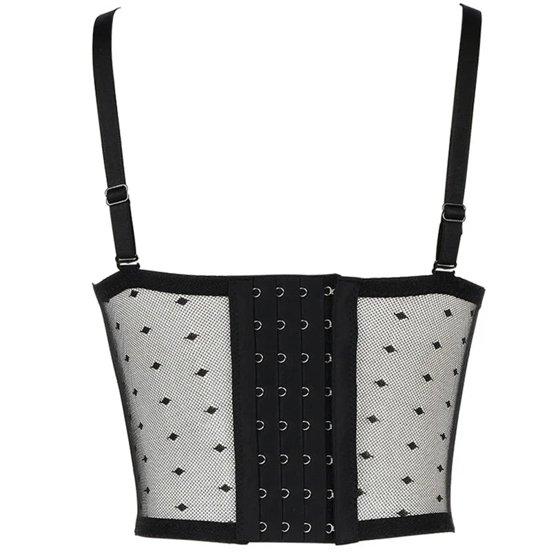 Summer New Women Mesh Lace Feather Camisole Bustier Bra Cropped Tops Beading Fishnet Hot Diamond Sexy Sleeveless Vest Slim