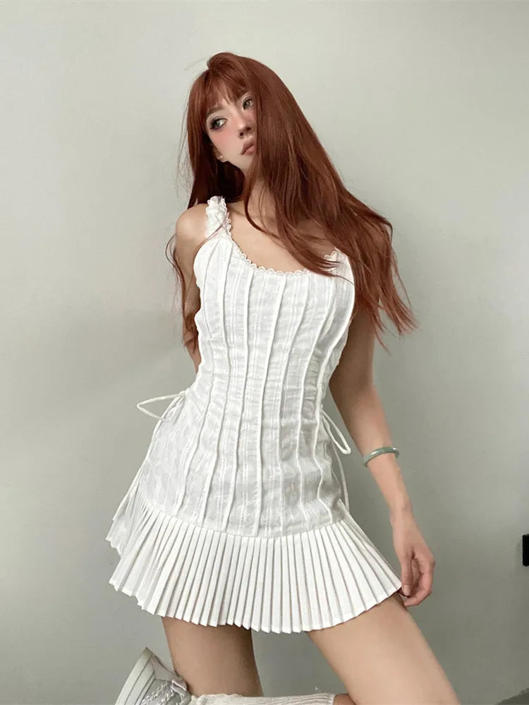 White Pleated Mini Dress Side Drawstring Lace Up Slim Sling Skirt for Women Vintage Patchwork Lady Casual Summer Dresses