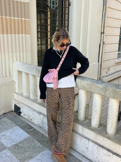 Fashion Leopard Printed Long Pants Women 2024 Spring Summer Slim Pocket High-waist Casual Straight-pants Female Commuter Clothes