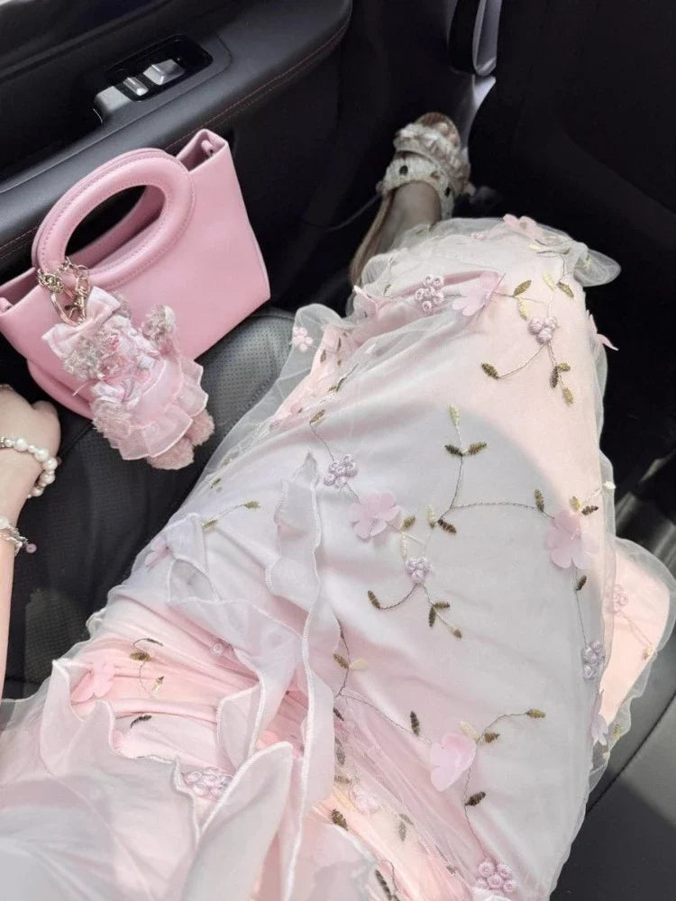 French Style Elegant Party Strap Long Dress Women Beautiful 3D Floral Spaghetti Dresses Seaside Vacation Pink Fitted Outfits New