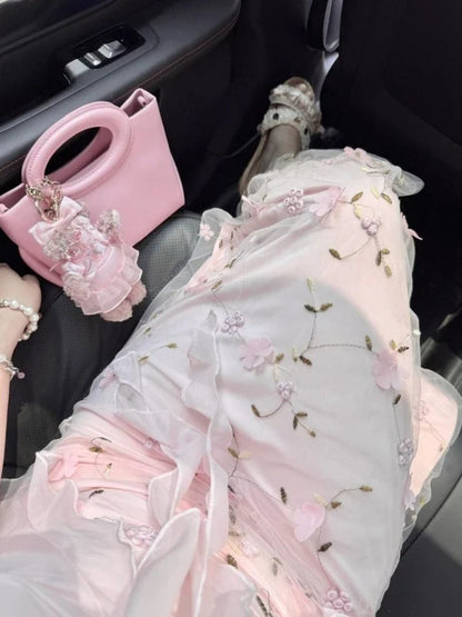 French Style Elegant Party Strap Long Dress Women Beautiful 3D Floral Spaghetti Dresses Seaside Vacation Pink Fitted Outfits New