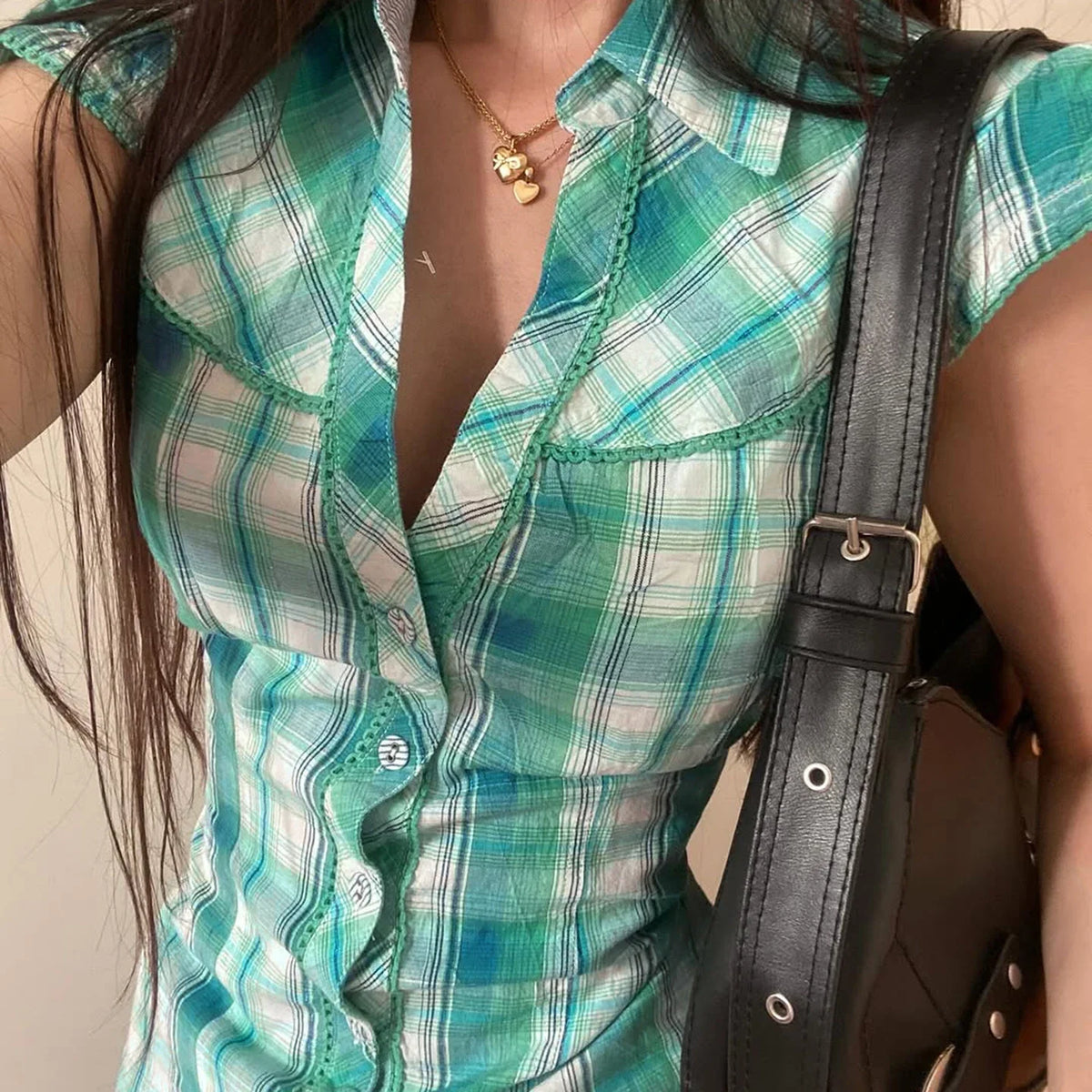 Green Plaid Print Blouse Vintage Turn-down Collar Single-breasted Top French Style Slim-fit Shirts Chic Fashion Clothes