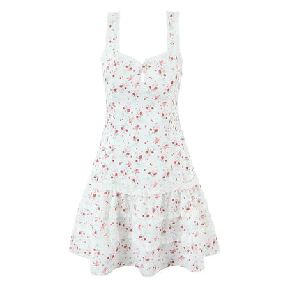 Sweet Girl French Style Floral Print Sleeveless Dress Women Lace Spliced A-line Summer Mini Dress Holiday Robe Vestidos
