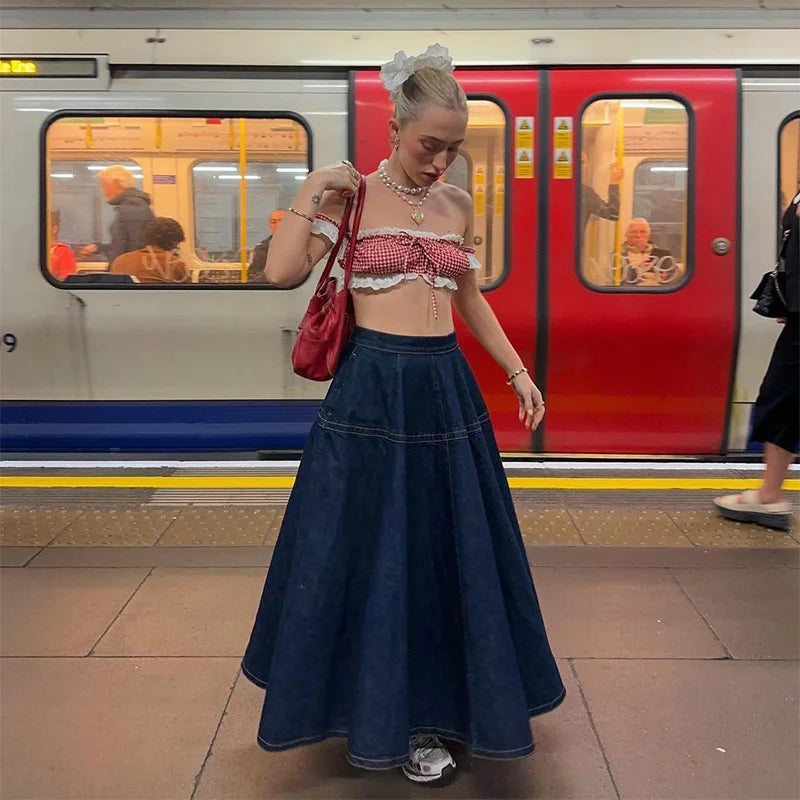 Vintage Denim Vest Skirt Women Outfit Elegant Slash Neck Tank Top Pleated Zippers Mid Skirts Summer Fashion Lady Set