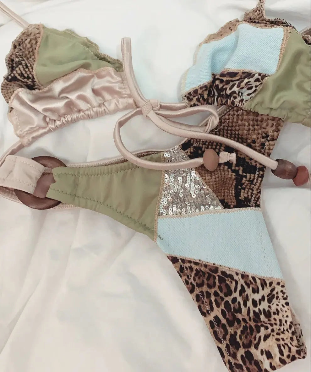 Sexy Stripe Bikini with Scarf Swimsuit Women Shirring Swimwear High Leg Two Piece Bathing Suit Beachwear Halter Biquini