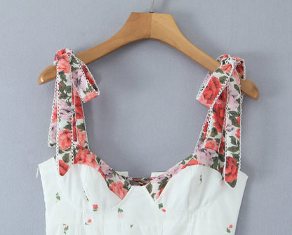 Flower Print Patchwork White Sling Elegant Dress Women Lace Up Bandage Back A-line Summer Dresses Chic Lady Holiday Robe 2025