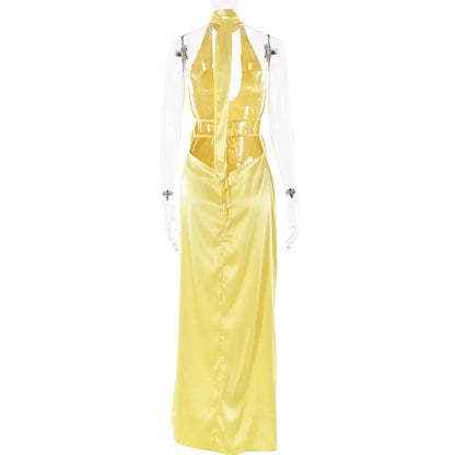 Halter Choker Deep V Neck Satin Column Maxi Gown