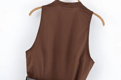Casual Fashion Women's Dress Solid Color Round Neck Sleeveless Single Breasted Drape Belt Dress New Commuter Pleated Dress