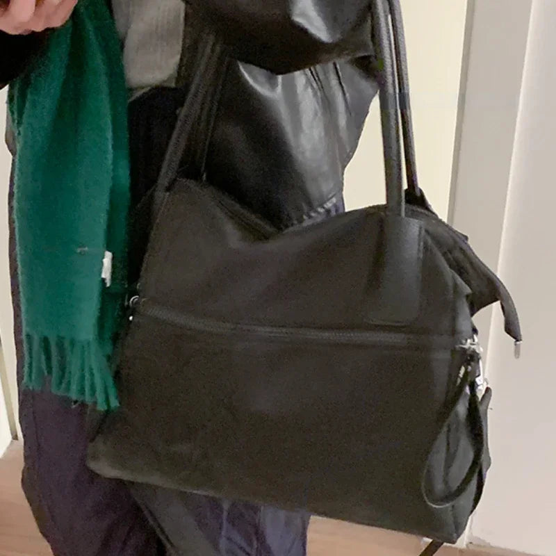 Y2k Aesthetic High-capacity Nylon Casual Tote Bags Women All Match Grunge Solid Handbags Vintage Simple Shoulder Underarm Bag