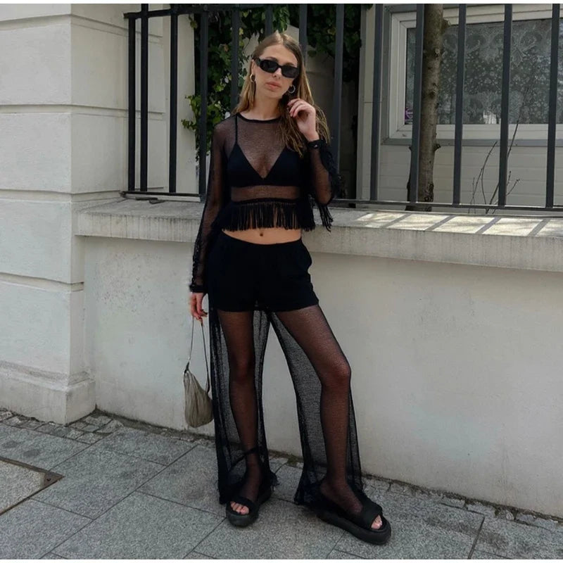 Mesh See Through Tassels Crop Top Pants Sets Women Long Sleeve O-neck Pullover Straight Trousers Suits 2025 Summer Holiday Set