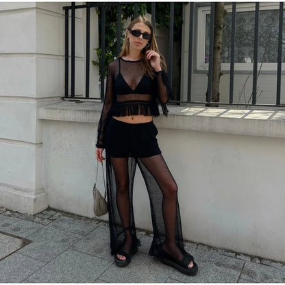 Mesh See Through Tassels Crop Top Pants Sets Women Long Sleeve O-neck Pullover Straight Trousers Suits 2025 Summer Holiday Set