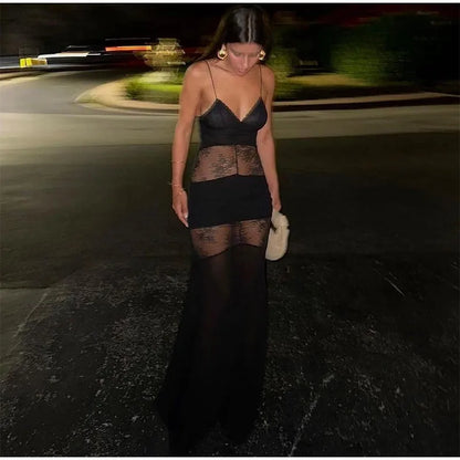 Halter Choker Neck Lace Chevron Panel Sheer Maxi Gown
