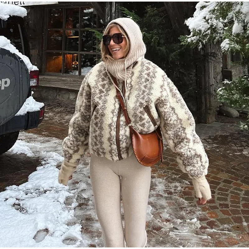 Vintage Plush Printed Jackets Women Casual Warm Zipper Stand Collar Short Coats Female New Spring Winter Chic Street Outwear