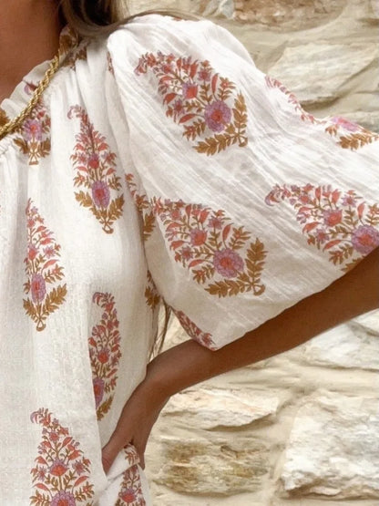 One Shoulder Puff Sleeve Paisley Print Relaxed Flow Mini Dress