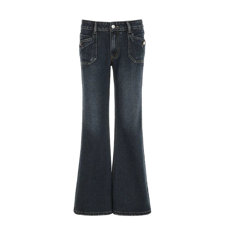 Grunge Aesthetic Flare Jeans Women Retro Stylish Y2K Dark Blue Denim Pants Spring Outfits Casual Slim Trousers Ladies