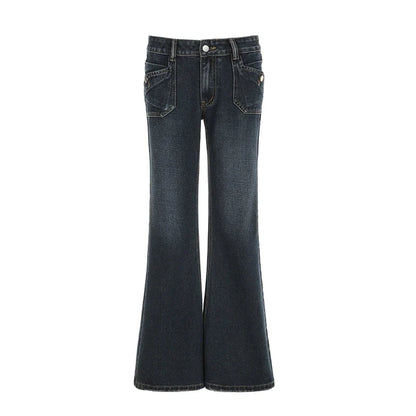 Grunge Aesthetic Flare Jeans Women Retro Stylish Y2K Dark Blue Denim Pants Spring Outfits Casual Slim Trousers Ladies