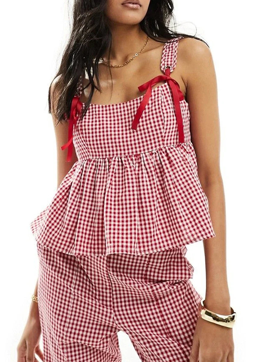 Women's Shoulder Tie Tank Tops Classic Plaid Print Sleeveless Square Neck Ruffle Babydoll Peplum Vest for Summer Y2k Aesthetic