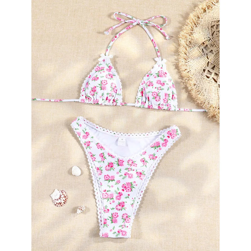 Bandage Bikini Sets Halter Swimwear Sexy Swimsuit Women Bow Bikinis Low Waist Bathing Suits Print Biquini Triangle Beachwear