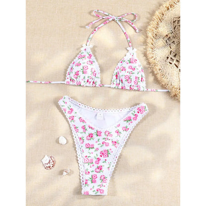 Bandage Bikini Sets Halter Swimwear Sexy Swimsuit Women Bow Bikinis Low Waist Bathing Suits Print Biquini Triangle Beachwear