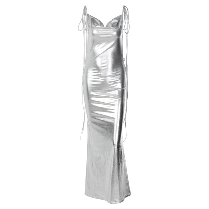 Spaghetti Strap Draped Open Back Liquid Metallic Floor Length Maxi Dress