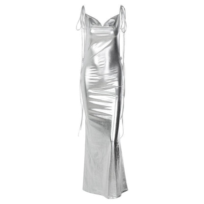 Spaghetti Strap Draped Open Back Liquid Metallic Floor Length Maxi Dress