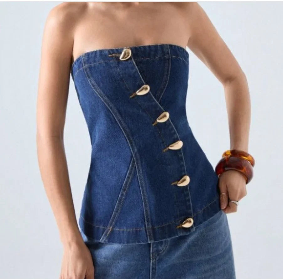 Spicy Girl Backless Denim Strapless Summer New Fashion Waist Cinching Short Sleeveless Chest Wrapped Top