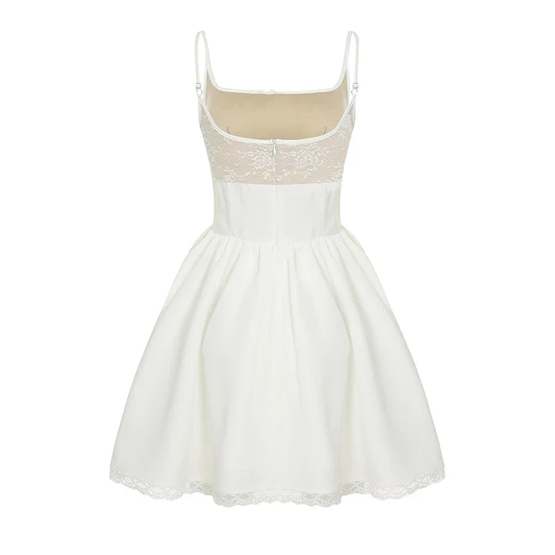 Lace Patchwork Sleeveless A-line Dress Holiday Party Evening Ball-gown Mini Dresses French Style Robe Elegant Outfits
