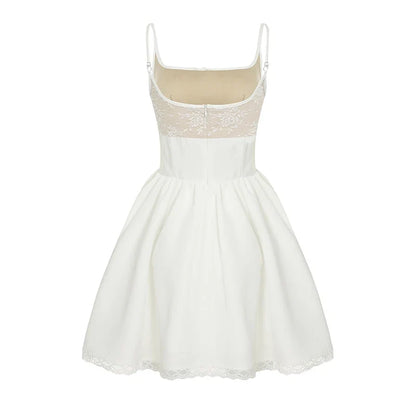 Lace Patchwork Sleeveless A-line Dress Holiday Party Evening Ball-gown Mini Dresses French Style Robe Elegant Outfits