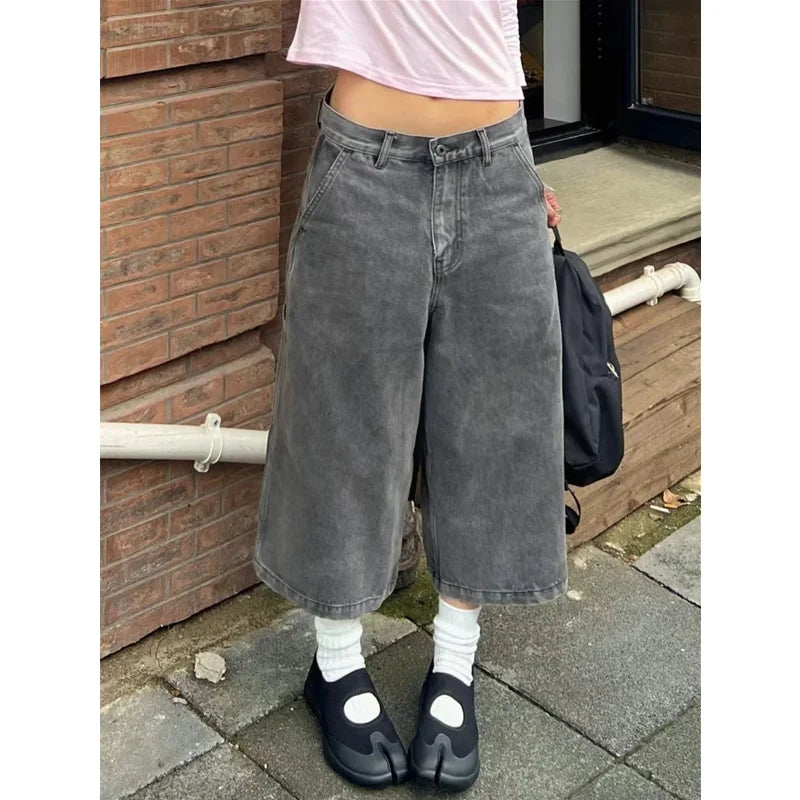 Women's Wide Leg Gradient Gray Retro Denim Shorts Unisex Style Capris Summer Female High Waist Loose Short Jeans