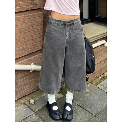 Women's Wide Leg Gradient Gray Retro Denim Shorts Unisex Style Capris Summer Female High Waist Loose Short Jeans