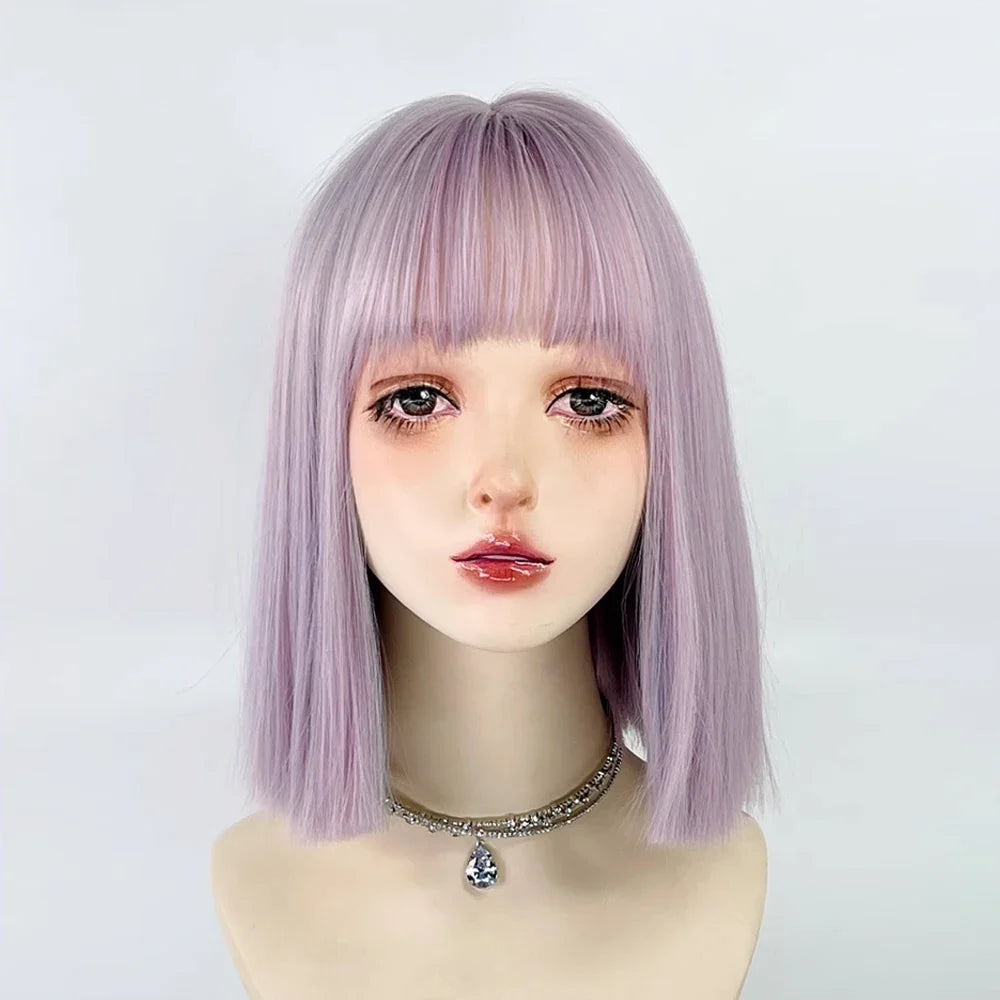 Bob Short Straight Purple Blue Mixed Synthetic Wig with Bangs Lolita Cosplay Women Fluffy Wig for Daily Party