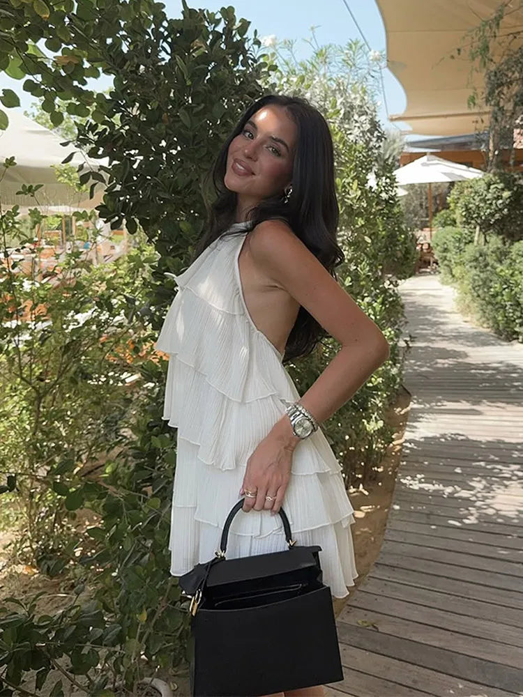 Women White Stacked Ruffle Mini Dress Elegant O-neck Sleeveless Backless A-line Halter Dresses 2025 Summer Lady Beach Vestido