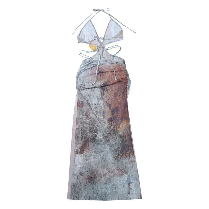 Sexy Beaded Print Long Dress Women Hollow Out Halter Backless Sleeveless Lace Up Holiday Dresses 2025 Summer Lady Chic Slim Robe