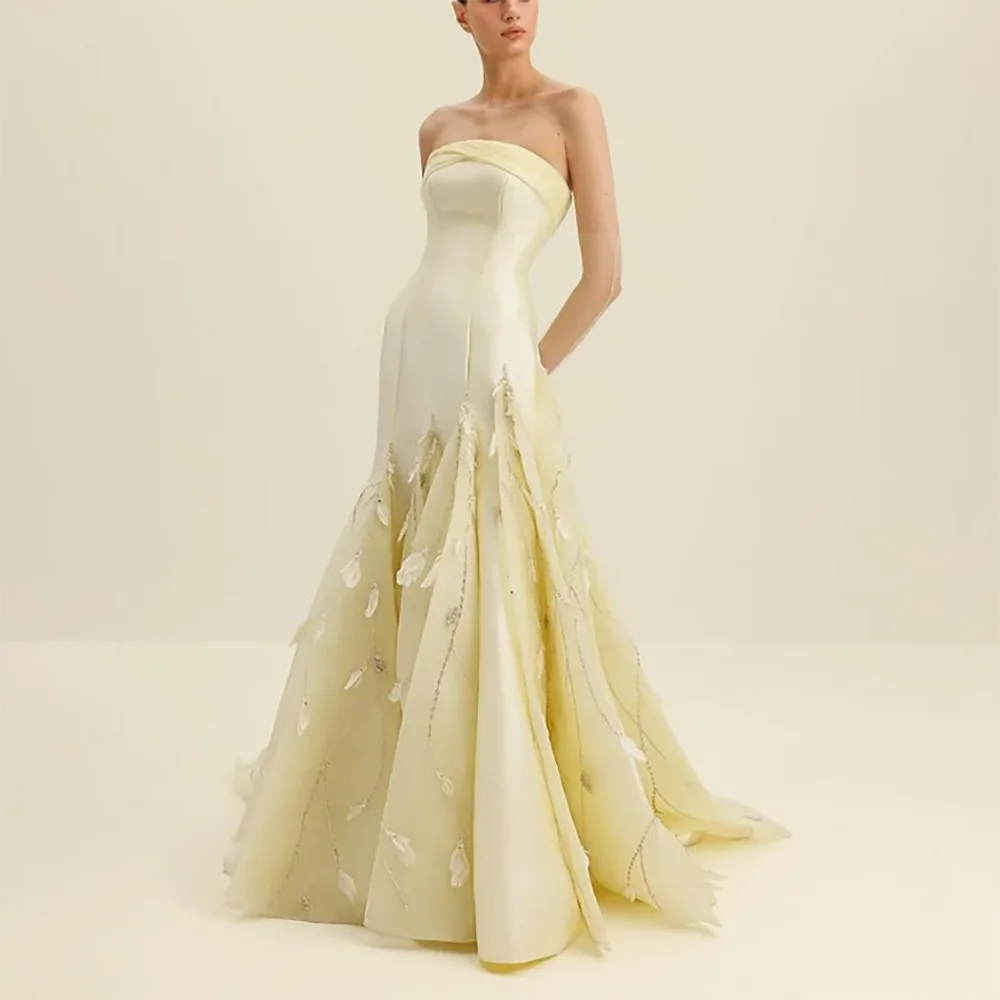 Garden Party Feather Gown in Antique Pastel Yellow Strapless Sleeveless A-line Evening Gown with Hand-stitched Ostrich Plumes