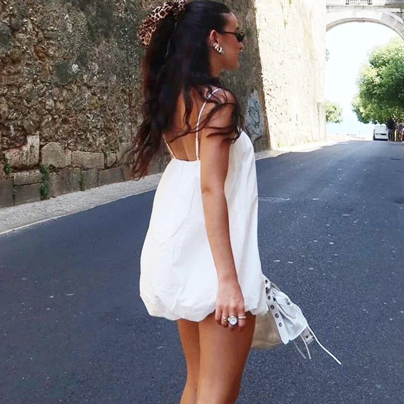 Casual Holiday Suspender Bubble Dress For Women Solid Color Sleeveless Sexy Backless Short Summer New Slip Dress Loose