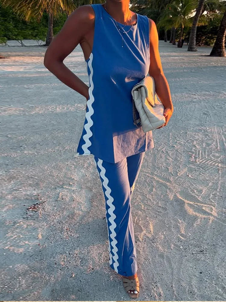 Casual Sleeveless Shirts Long Pant Woman's Set Versatile Loose O-neck Shirts High Waist Trousers Sets Female Spring Chic Outfits