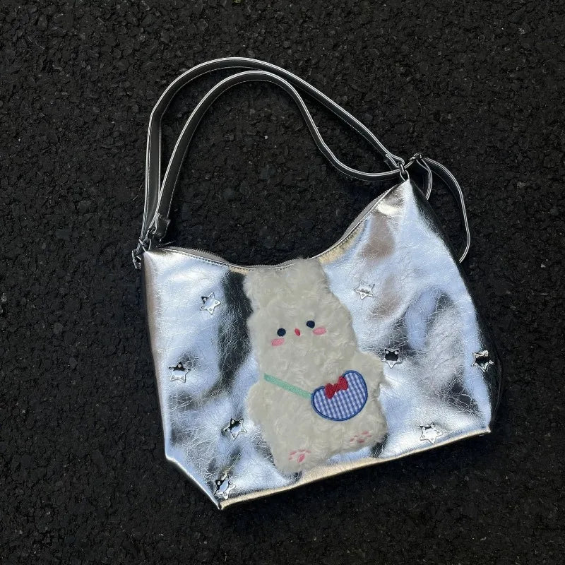 Vintage Y2k Womens Tote Bag Cute Bunny Patchwork Silver Fashion Shoulder Bag Pu Leather Large Capacity New Casual Backpack