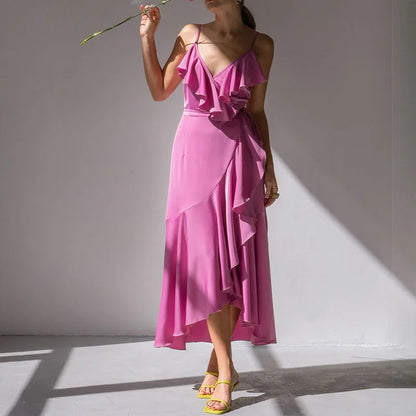 Chic Female Strap Draped Long Dress 2024 Elegant Ruffle Split Swing Party Dress Women New Solid Lace-up French Style Dresses