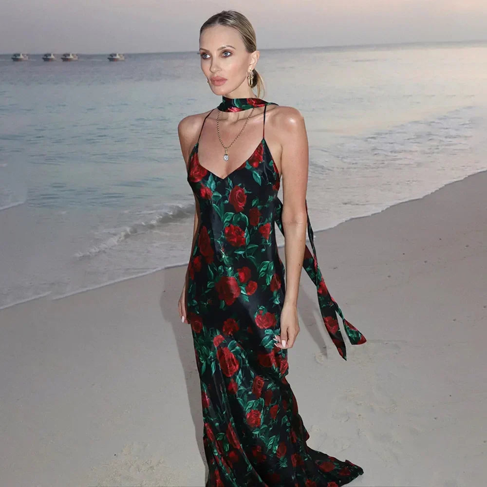 Deep V Spaghetti Strap Floral Print Bodycon Maxi Dress