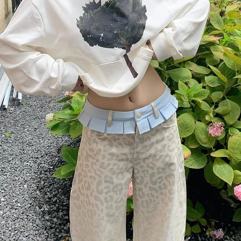 Baggy Patchwork Leopard Pants Women Y2K Harajuku High Waist Wide Leg Vintage Trousers