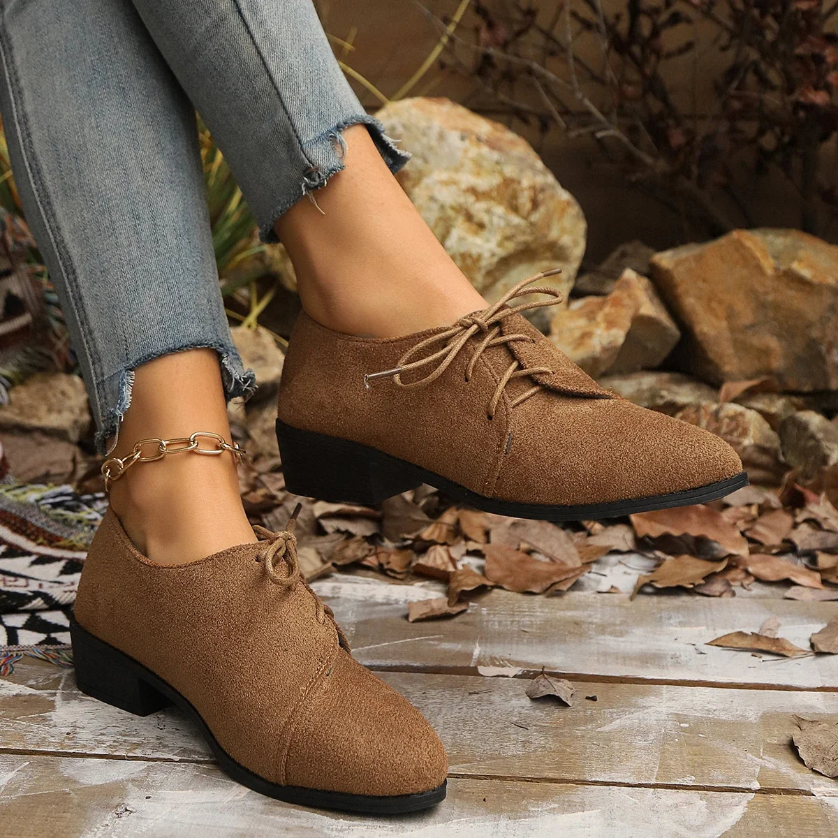 Lace up women's shoes autumn new large pointed 4cm high heels suede medium thick heel comfortable casual women's shoes