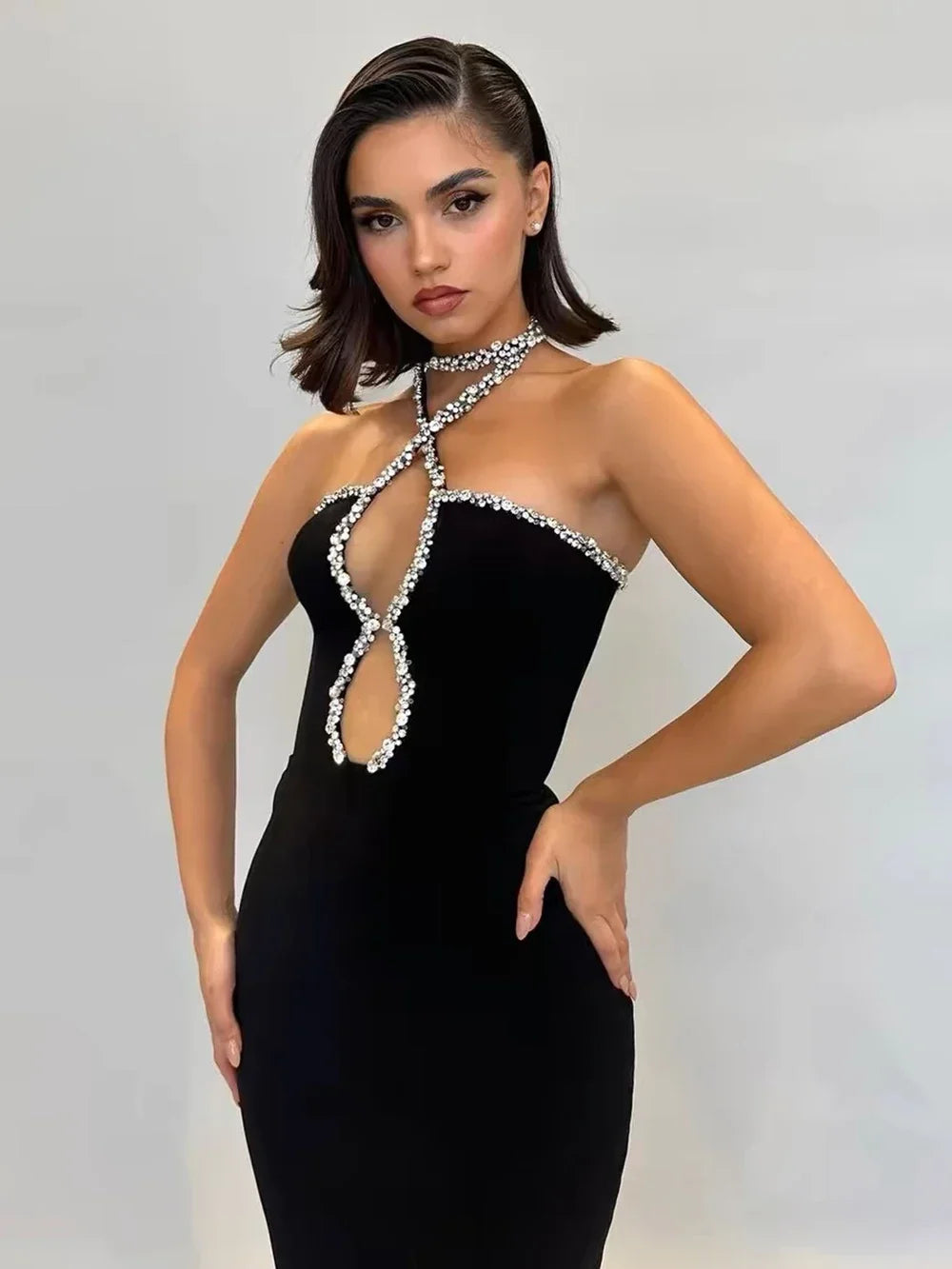 Halter Crystal Strap Keyhole Cutout Column Maxi Gown